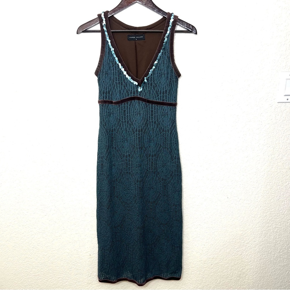 Karen Millen Vintage Y2K style dress teal blue green crochet sequin trim midi 8